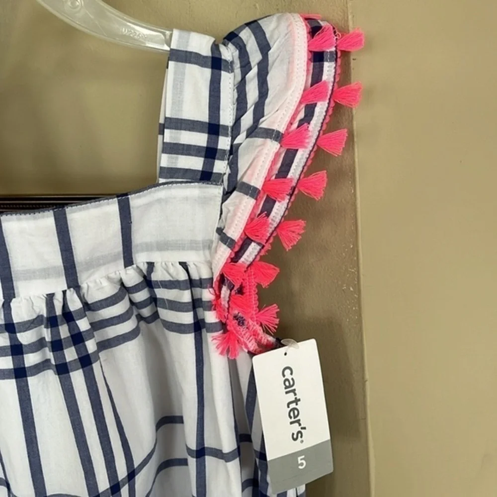 Brand New Carter’s White Blue Plaid Dress w/ Pink Tassels Tie Waist Lined Casual